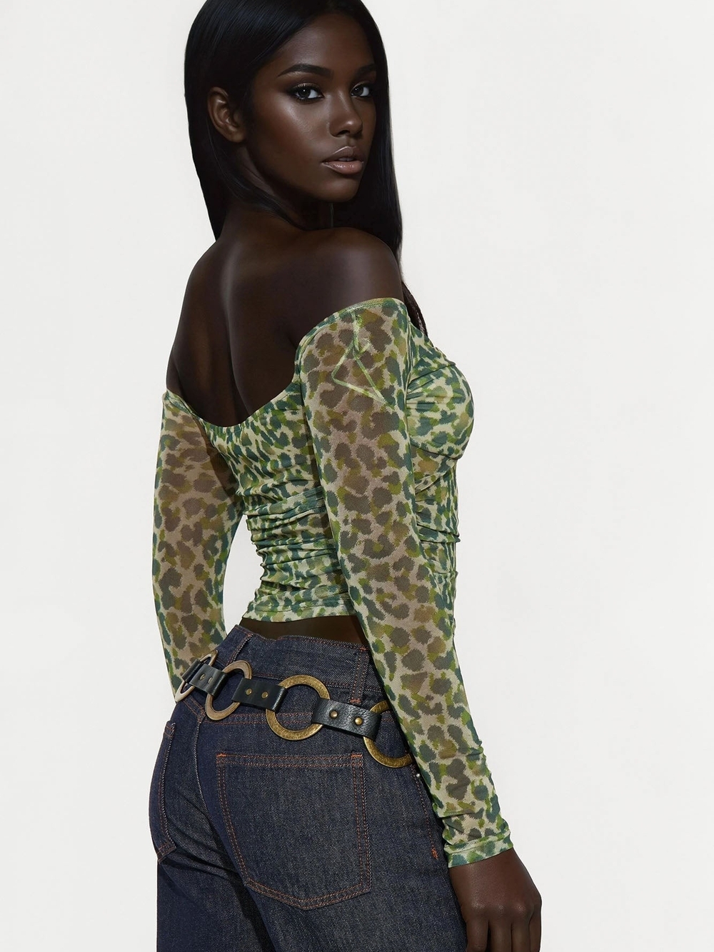 Fashion Nova Off-Shoulder Green Camo Mesh Top - Picture 2 of 8